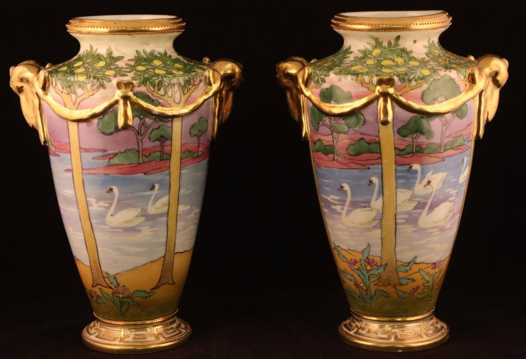 NIPPON Gold Handle Vases with Sunset Scene: 9" tall. Marked 47 Blue. Excellent condition with minimal gold lost to handles.