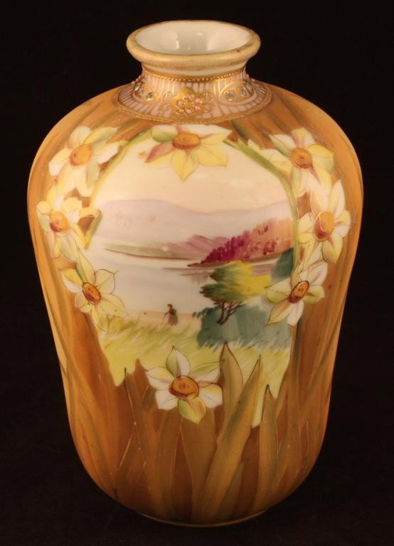 NIPPON Lake & Mountain Scene Urns: 7" tall with jeweled banding around neck. Mark #52. Excellent cond. with gold loss on top of rim.