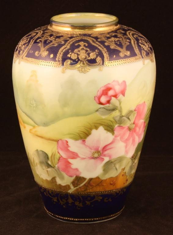 NIPPON Beautiful Cobalt Urn with Floral Scene: 6 1/2" tall, nice gold scroll decoration. Mark #52. Good cond. with faint spider crack in bottom.