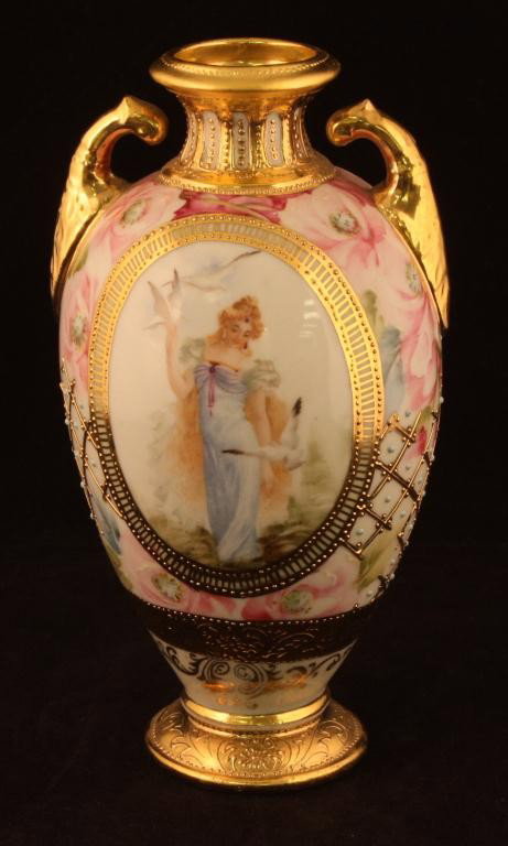 NIPPON Heavy Gold Portait Vase: 7 1/4" tall. Double open handles with portrait of "Lady with Doves". Nice raised gold & blue beading around vase decorated with pink & red roses throughout. Mark #52. Mint condition.