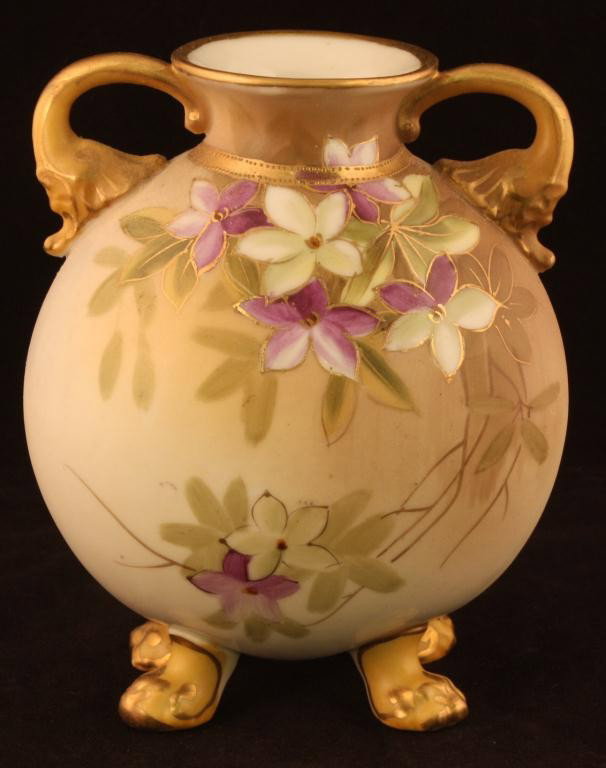 NIPPON Double Handle Floral Vase: 6" tall footed vase with floral design. Mark #47. Excellent cond.
