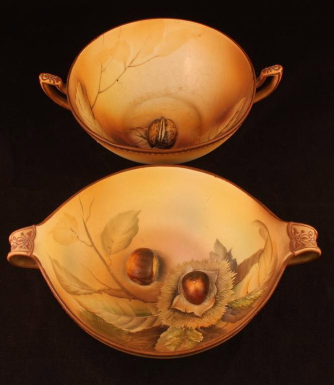 NIPPON Relief Nut Dishes: Dish A: 8 1/2" across including handles. Mark #47. Mint cond. Estimated value: $175-200. Dish B: 9" across including handles. Mark #47. Mint cond. Estimated Value: $175-200.