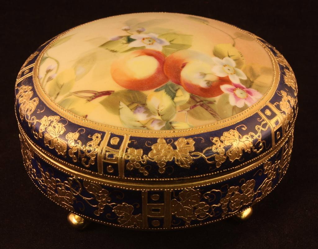 NIPPON Cobalt & Gold Powder Jar: Three-footed with fruit scene on top. 6" across. Mint condition.