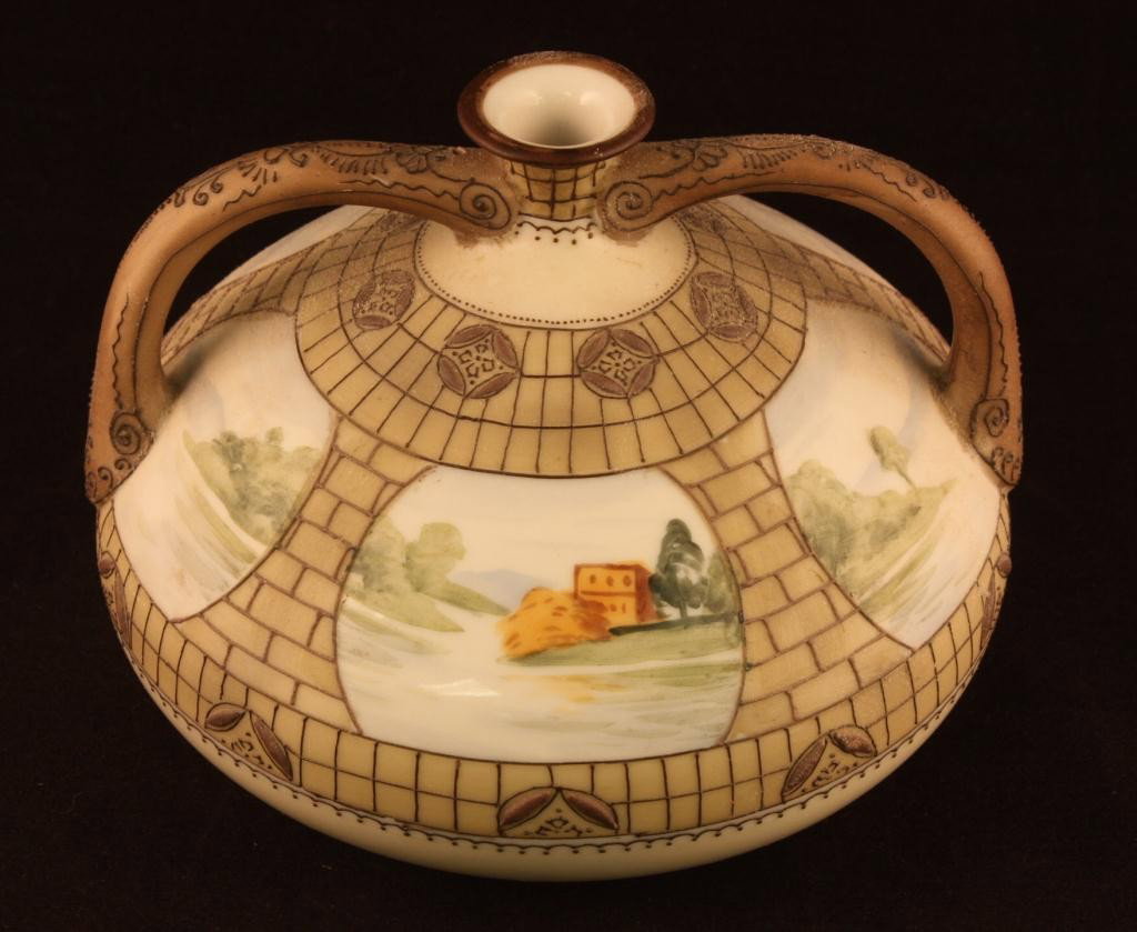 NIPPON Vase with Six Window Lake Scenes: Double handled with matte finish. Mark #47. Excellent cond.