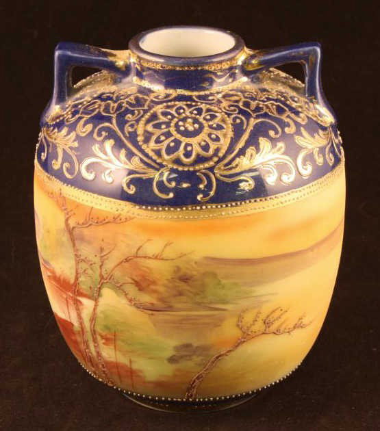 NIPPON Cobalt Vase with Woodland & Lake Scene: 5" across. Mark #52. Excellent cond.