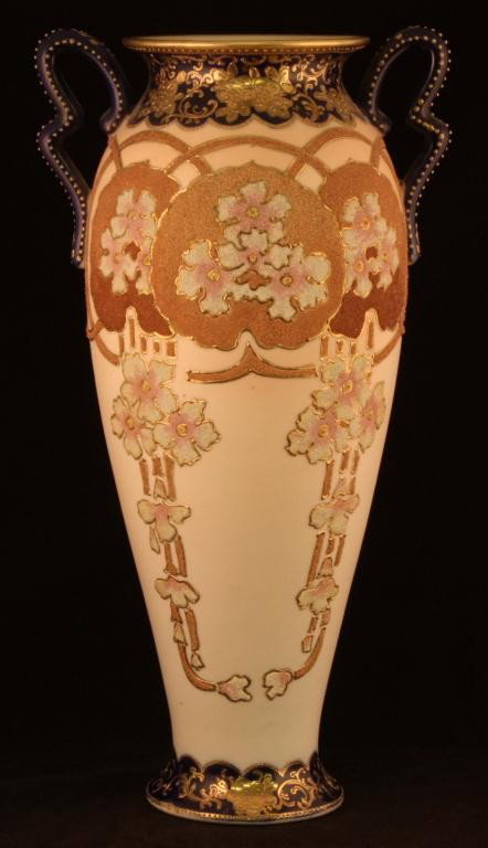 NIPPON Coralene Cobalt Vase: 13 1/2" Double handle with cobalt top and bottom. Beautiful gold beading on handles, top & bottom rim. Body of vase is pale pink to dark rose. Mark 242. Mint Condition.