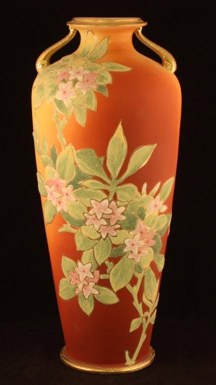 NIPPON Coralene Vase: 13 1/4" tall. Some marks on back. Mark #242. Plate #3215, fifth series. Excellent condition.