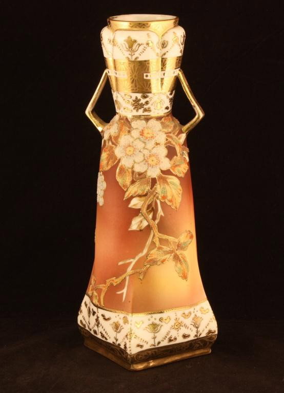 NIPPON Coralene Vase: 11" tall. Mark #244, plate 3214. Fifth series. Excellent cond. Some gold wear to handles.