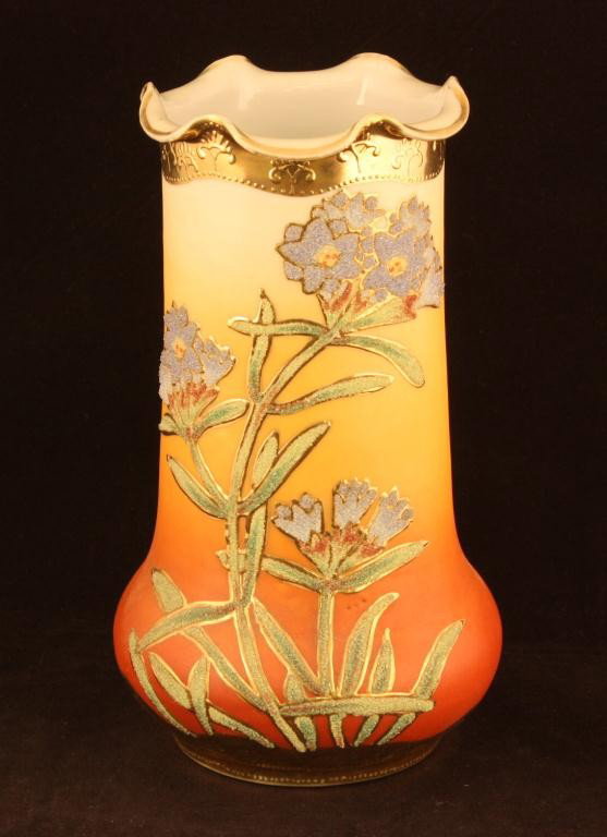 NIPPON Coralene Vase: 8" tall. Mark #242. Ruffled, rolled rim. Heavy gold on top & bottom band. Three pin pops on lower front. Other than that, excellent cond.