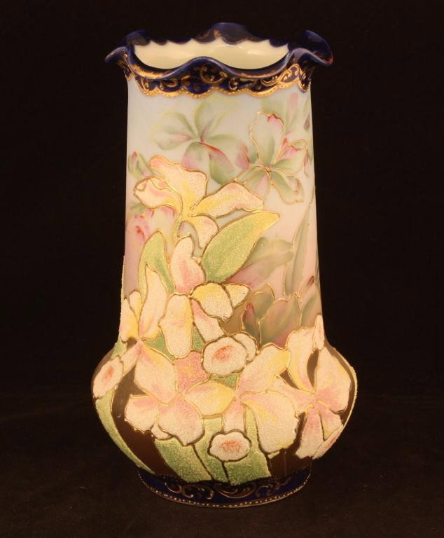 NIPPON Coralene Vase: 8" tall with cobalt top and bottom rim. Mark 242. Excellent condition with minor rub on rolled edge of vase.