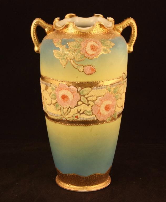 NIPPON Coralene Vase: Mark 142, plate 3206, fifth series. Foral band of coralene encircles piece. Excellent condition, minimal loss of gold on handles.