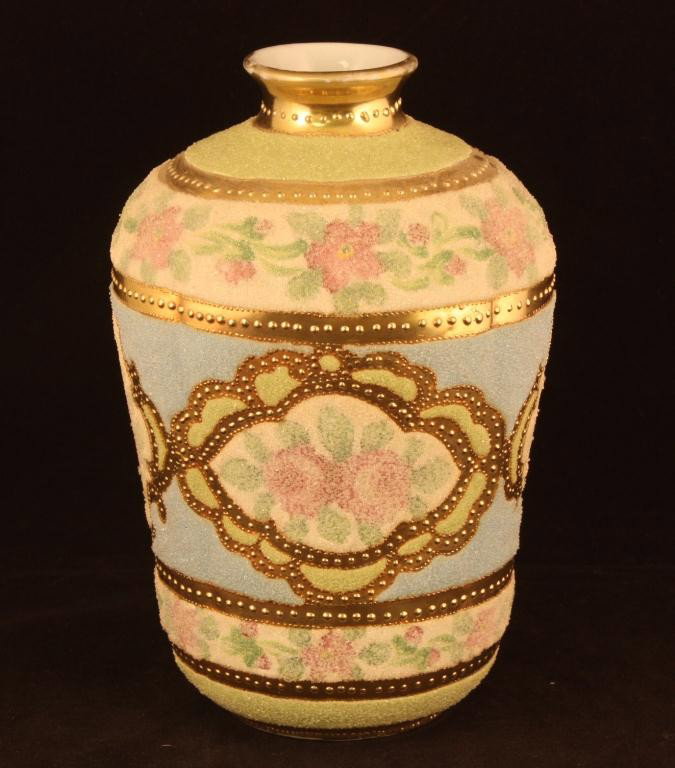 NIPPON Rare Coralene Vase: 7" tall. Aside from gold framing, the entire piece is covered in Coralene. Made and marked for specialty sale. Mark 245. Mint condition. Minimal gold loss to rim and top.