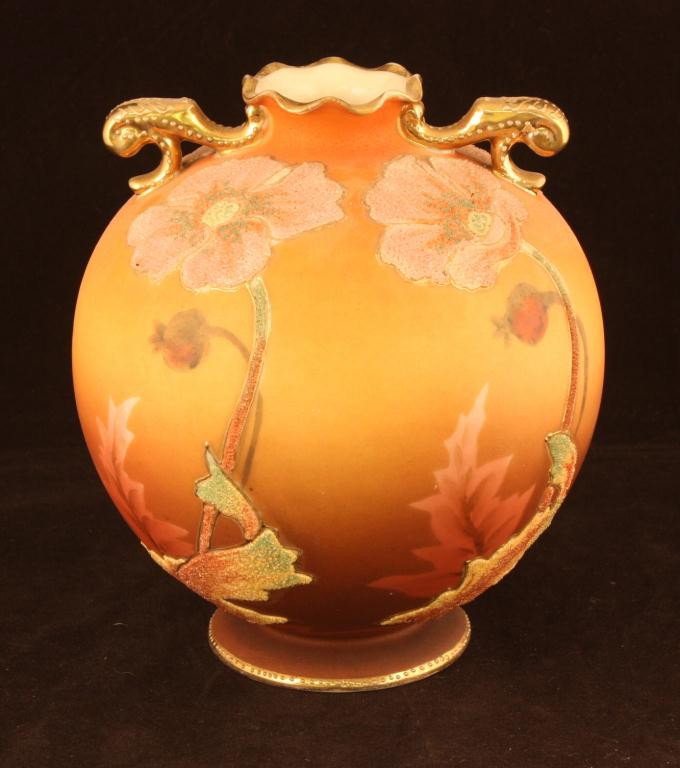 NIPPON Coralene Vase: 6 1/4" tall. Mark # 242. Excellent condition. Minor loss of gold to ruffled rim and handles.