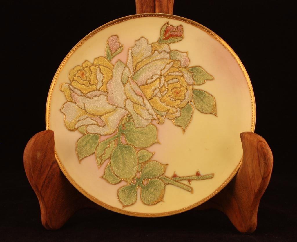 NIPPON Coralene Plaque: 7 1/2" wide. Mark 242. Roses on a pale pink to pastel yellow background. Excellent condition.