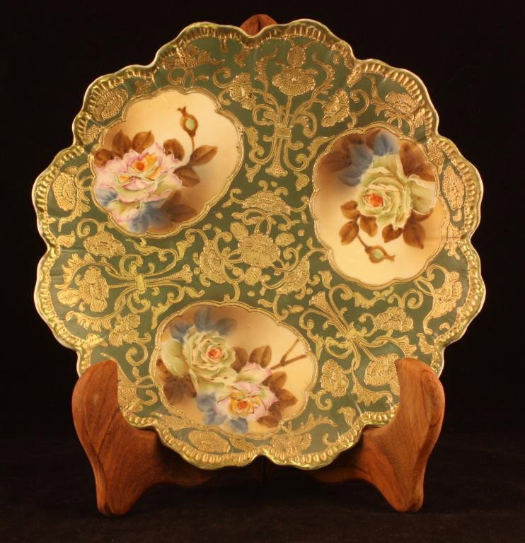 NIPPON Cake Plate: 11" wide, Matted green background with heavy gold decoration. Three windows with roses. Mark 52, plate 3697, fifth series, excellent condition.