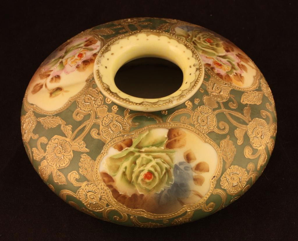 NIPPON Squat Vase: 7" wide, 2 3/4" tall, mark 52. Excellent condition. Some minor gold loss to top of rim. Three windows with roses.