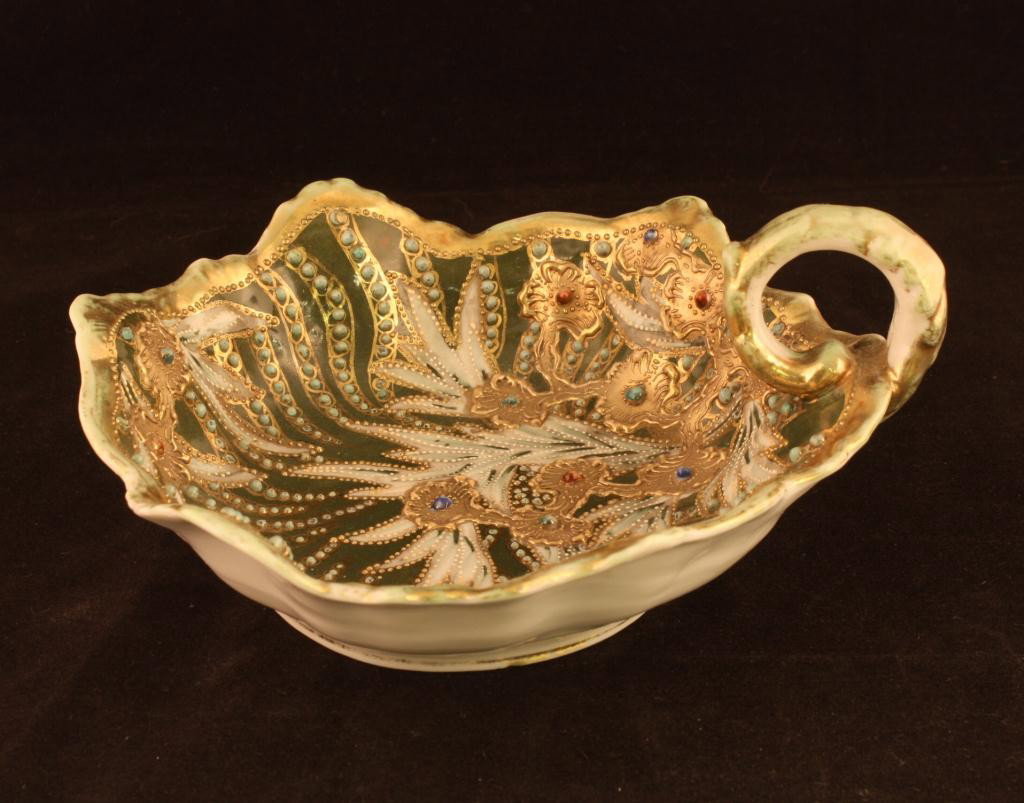NIPPON Single Loop Handled Nappy: 7" accross with aqua beading throughout entire piece includinggold accents. Mark 52. Excellent condition