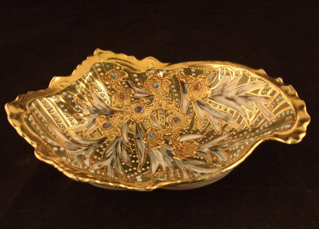 NIPPON Bowl: 7 1/2" long and 5" wide. Aqua beading throughout including jeweled beading. Mark 52. Excellent condition with minor gold loss.