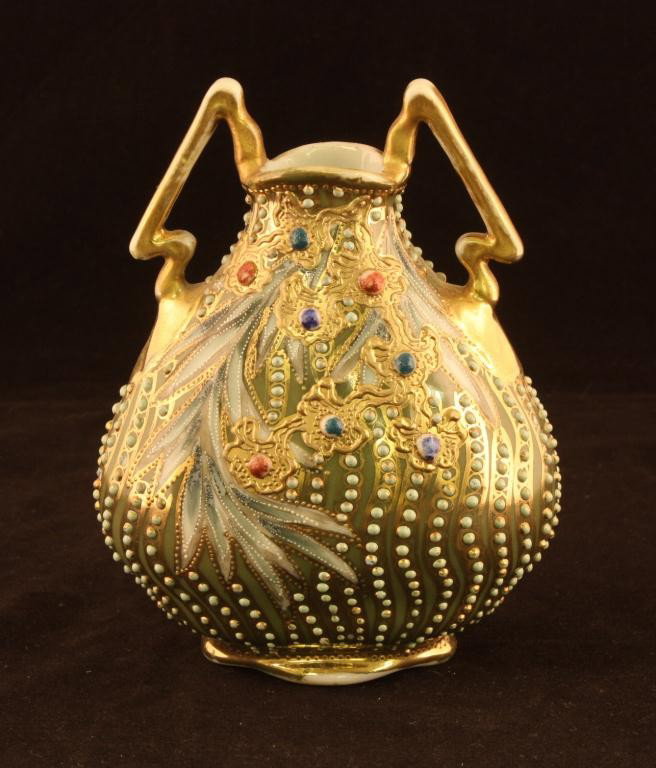 NIPPON Double Handled Vase: 5 3/4" tall with aqua beading covering entire body including blue and red jewelled beading to front and back. Excellent condition with gold loss to handles and rim. Mark 52