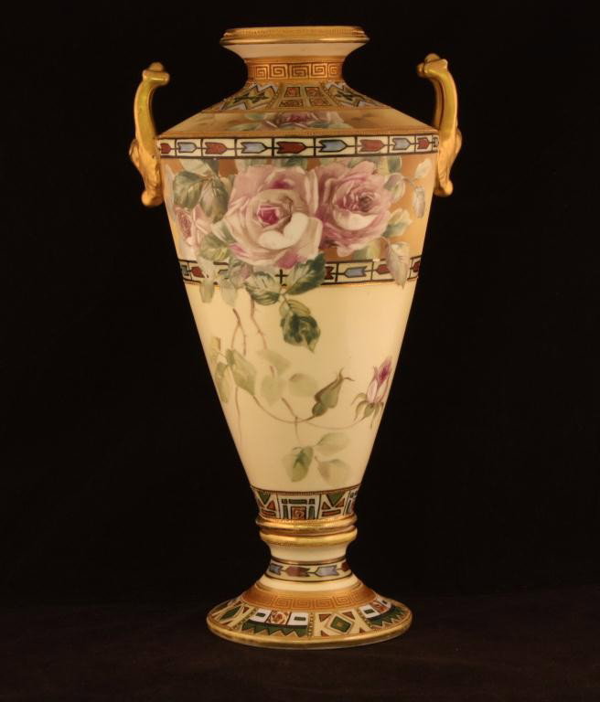 NIPPON Bolted Urn: 14 1/2" tall 2 piece bolted urn. Rams head with beautiful floral design. Mark 47 in excellent condition. Small pin size gold missing on left side of ram's handle.
