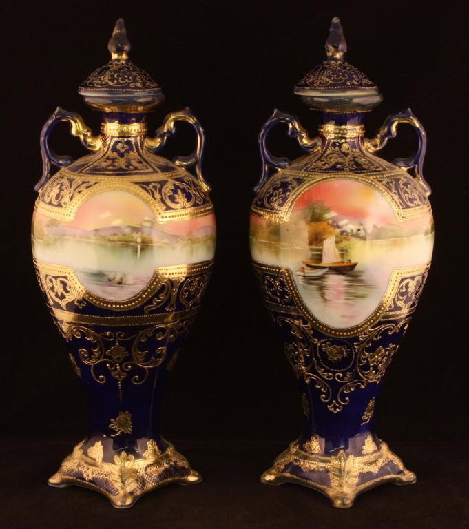 NIPPON Pair Cobalt Covered Vases: 13" tall including top, Boat scene in window with beautiful gold trim decoration. Mark 52 in green. Excellent condition.