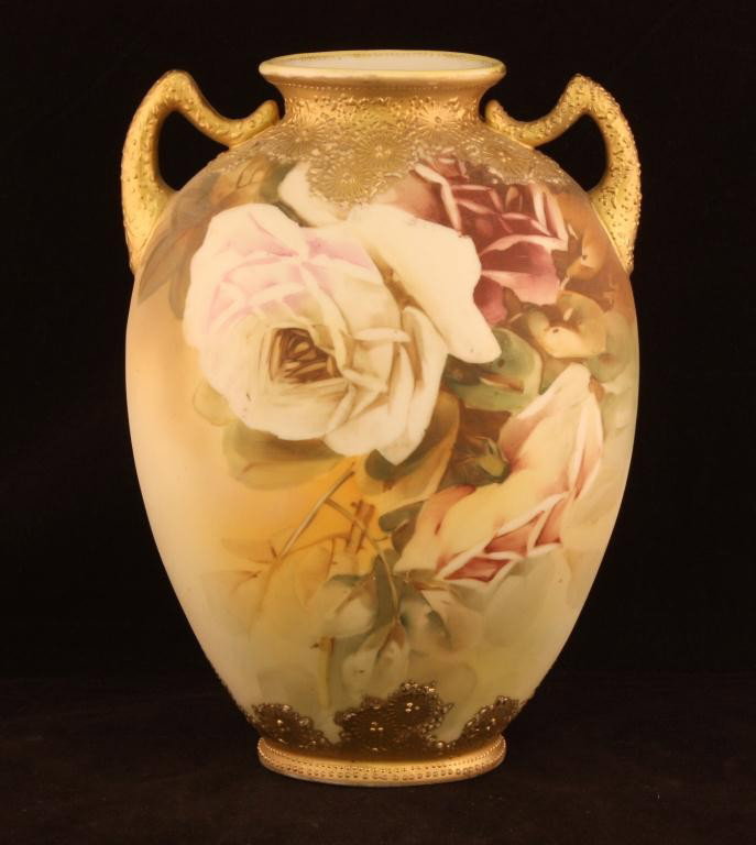 NIPPON Floral "Texas Rose" Vase: 8 3/4" tall. Mark #52. Excellent condition with gold loss to top of rim.
