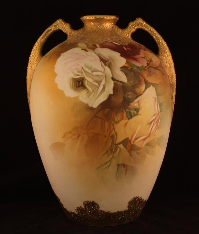 NIPPON Floral "Texas Rose" Vase: Huge 12 3/4" tall and 9 1/2" across from handle to handle. Mark #52. Near mint condition.