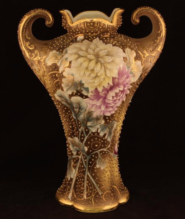 NIPPON Large Beaded Mums Shoulder Vase: 11" tall. Extremely desirable piece to any serious collector. Gold beading of different sizes placed all over the background. Hand painted lavender and white mums with green leaves. Mark #52. Page 140