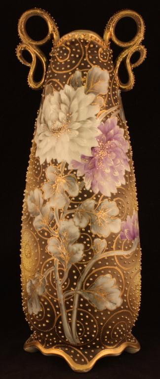 NIPPON Large Beaded Mums Vase: 12 1/2" tall to top of handle. Simply outstanding vase. Mark #52. Excellent condition with minor gold loss.