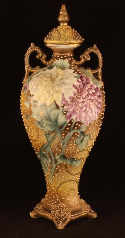 NIPPON Beaded Mum Vase: 9 1/2" tall not including top. Mark #52. Excellent condition with gold loss to top rim and beading