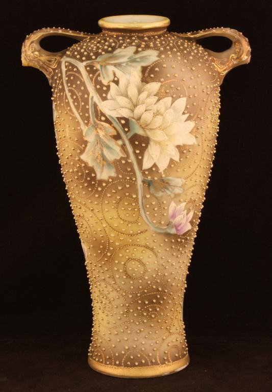 NIPPON Beaded Mum Vase: 9 1/2" tall. Mark #52. Good condition with gold loss to top and beading. 5-10 beads missing and very tight 1" hairline crack in bottom of vase