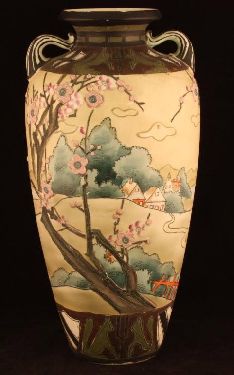 NIPPON Village Scene Vase with Matted Finish: 13" tall. Raised moriage cherry blossoms hanging from trees. Good condition