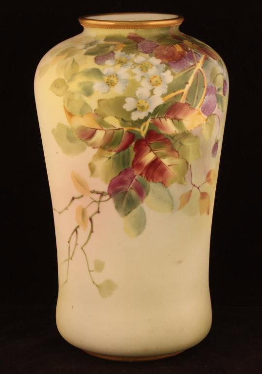 NIPPON Floral Vase with Purple Berries: 10 1/2" tall. Mark # 47. Excellent Condition