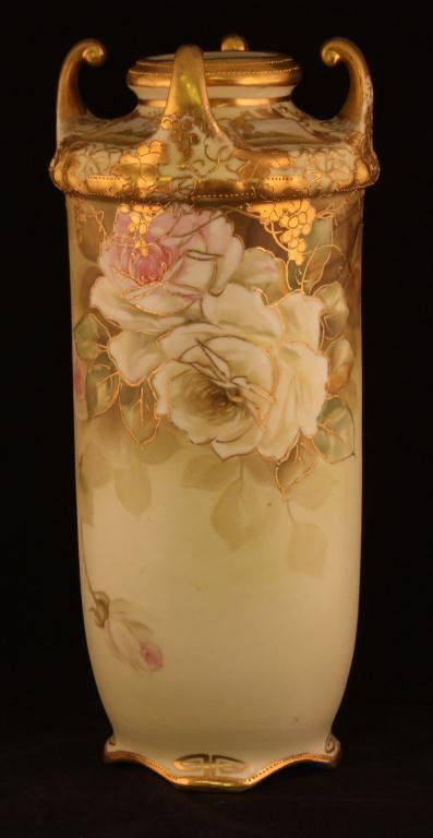 NIPPON Rose Vase with Gold Grape Design: 12" tall. Raised gold outline of roses. Mark # 47. Excellent condition with gold loss on handles.