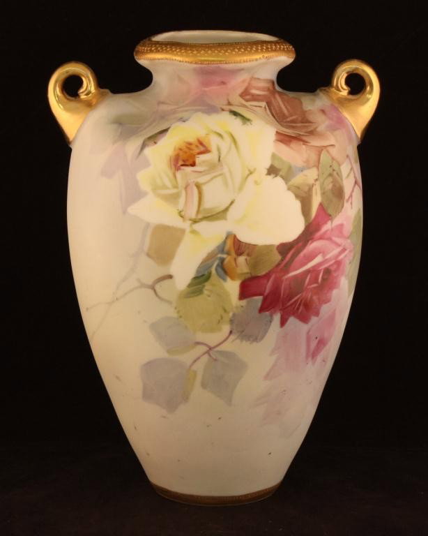 NIPPON Red and White Rose Vase: 10 1/2". Four pinched top with double gold handles. Mark #47. Excellent condition