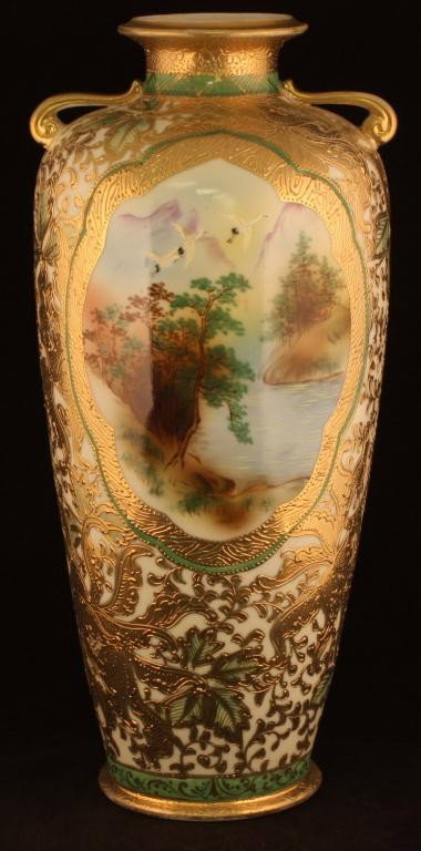 NIPPON Lake with Flying Cranes Scene Vase: 13 3/4" tall. Dripping with gold decorations. Unmarked. Excellent condition with minor gold loss