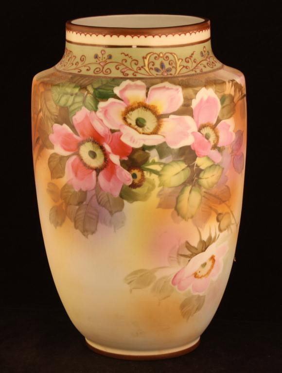 NIPPON Floral with Enameling and Jeweled Band Vase: 10 1/2" tall. Beautiful light to dark dogwood flowers. Mark #52. Excellent condition.