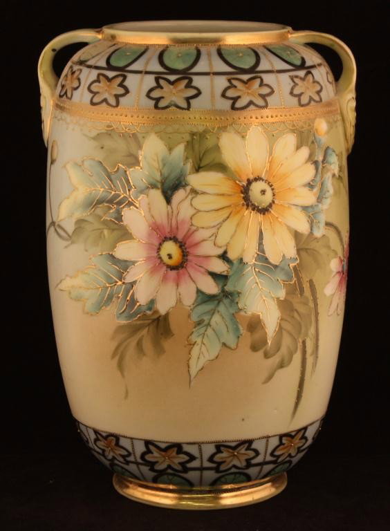 NIPPON Gold Floral Vase: 11 1/4" tall. Floral vase with raised gold outlining. Mark #38. Excellent condition with gold loss to rim and handles