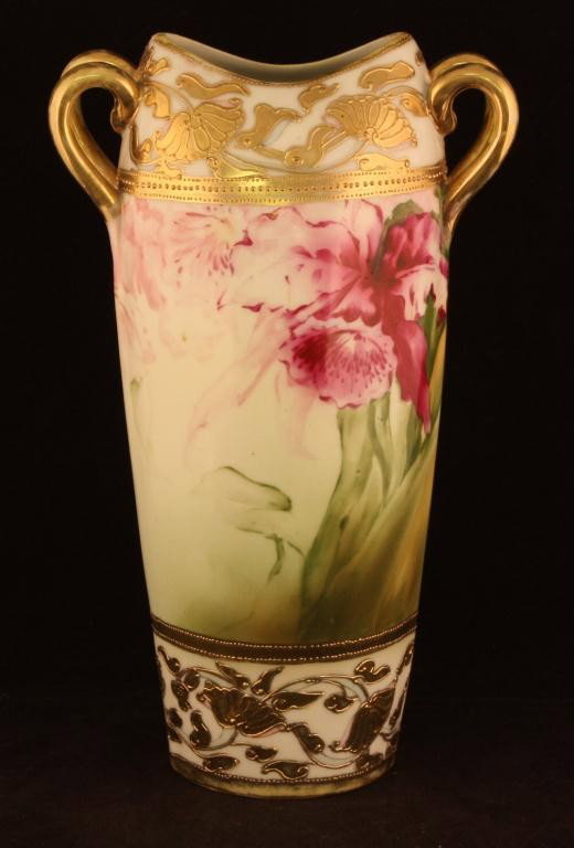 NIPPON Floral Vase: 10" tall. Beautiful reds and greens with great gold decoration. Mark #52. Excellent condition with gold loss to handles and rim.
