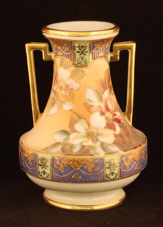 NIPPON Floral Vase with Raised Gold Outlines: 7 3/4" tall. Mark #47. Excellent condition.