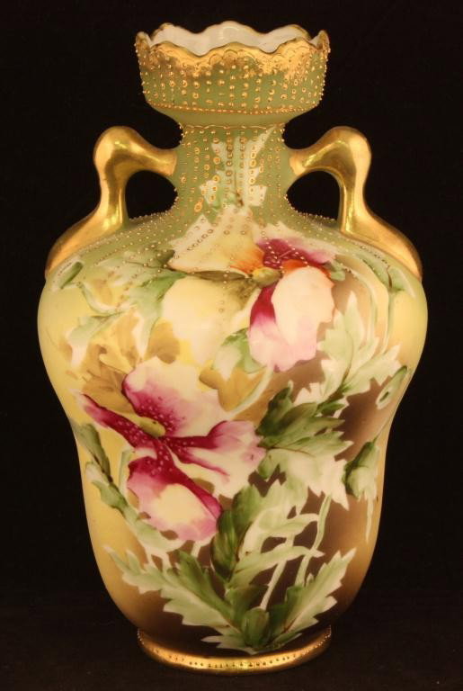 NIPPON Floral Vase with Gold Beading: 8 3/4" tall, gold beading from top rim to top shoulder. Mark 52, excellent cond. with gold loss to rim.