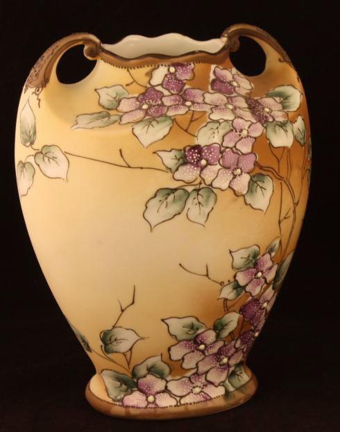 NIPPON Floral Vase with Moriage Trim on Handles: 7.5" tall. Mark 47. Ex. cond. Plate 3341, fifth series.