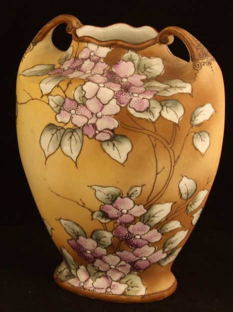 NIPPON Floral Vase with Moriage Trim on Handles: 7.5" tall, mark 47. Ex. cond. Plate 3341, fifth series.