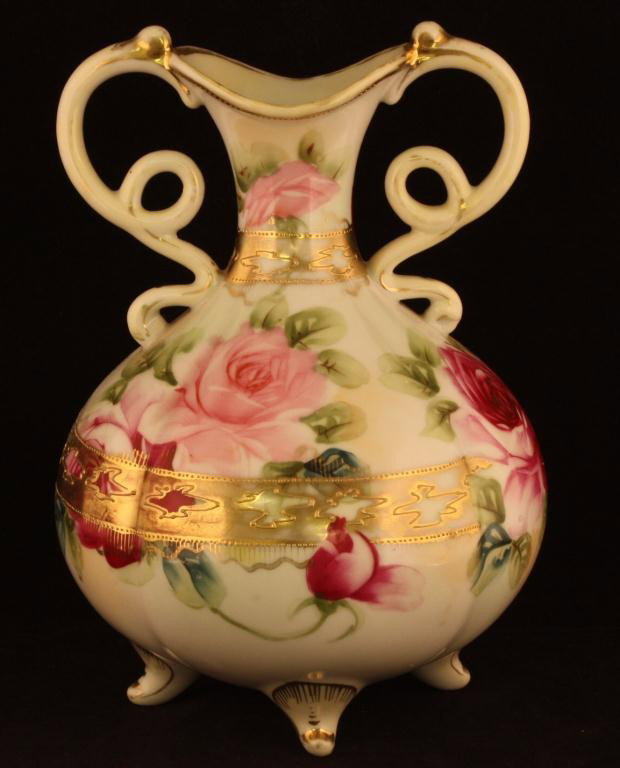 NIPPON Floral Vase: 8.5" tall to handle top. Mark 52. Fair cond. with major gold loss & gold rubs.