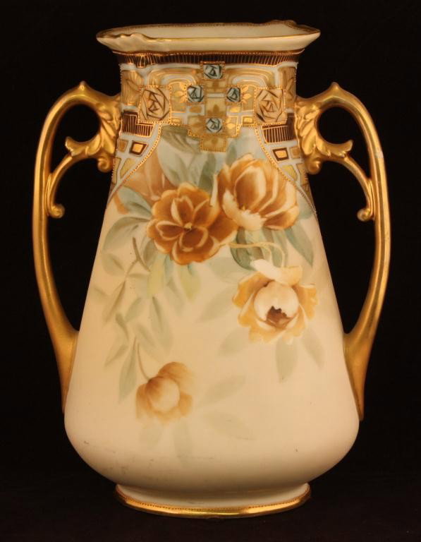 NIPPON Brown Floral Vase with Matte Finish: 9" tall. Mark 47. Ex. cond. with minimal gold loss.
