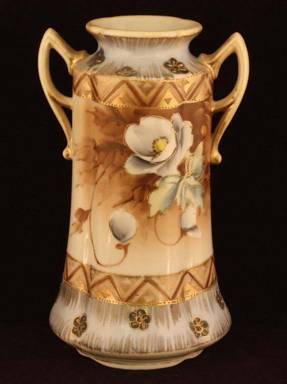NIPPON Brown & Pale Blue Floral Vase: 7.75" tall. Mark 47. Excellent cond. with gold loss to rim & handles.