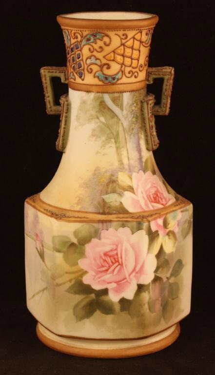 NIPPON Floral Landscape Scene Vase: 9" tall. Moraige handles and decorations on collar. Mark 47. Excellent cond.