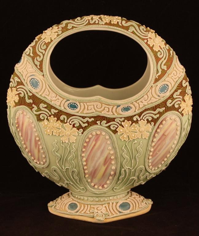 NIPPON Moriage Basket: 9" tall by 8" across handle. Six windows. Flowers, lace and nice beading. Unmarked. Ex. cond.