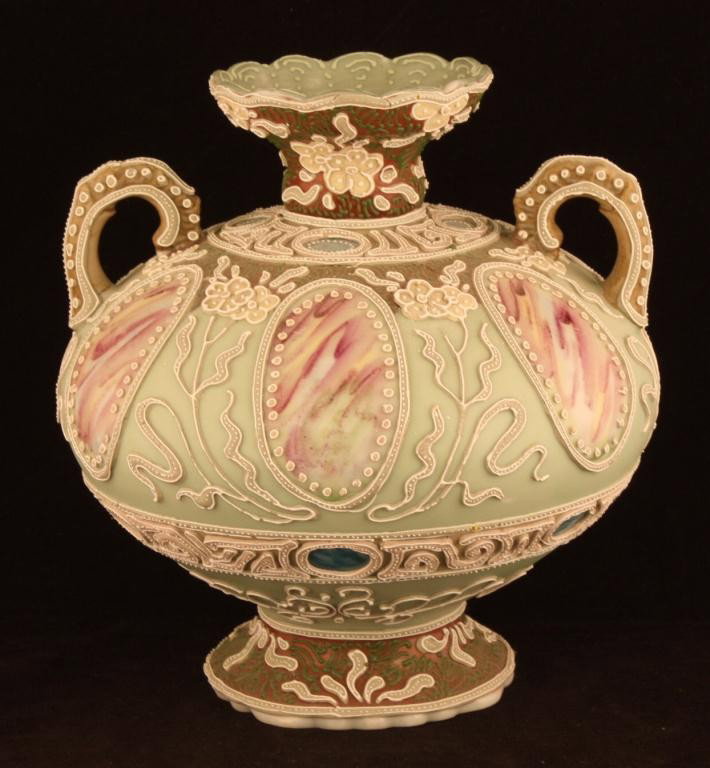 NIPPON Bulbous Moriage Vase: 7.75" tall. Six windows. Unmarked. Excellent cond.