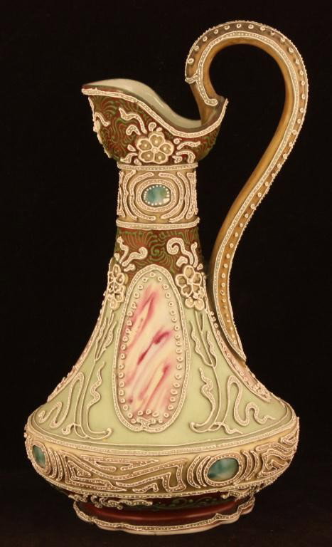 NIPPON Single Handle Moriage Ewer: 10" tall. Six red & white windows plus six small teal windows. Excellent cond. Unmarked.